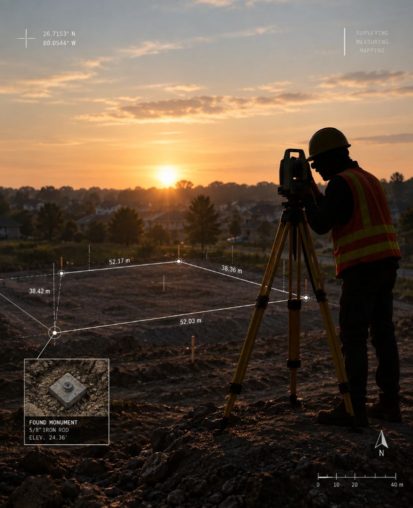 Surveyor operating a total station at sunset with survey measurement overlays