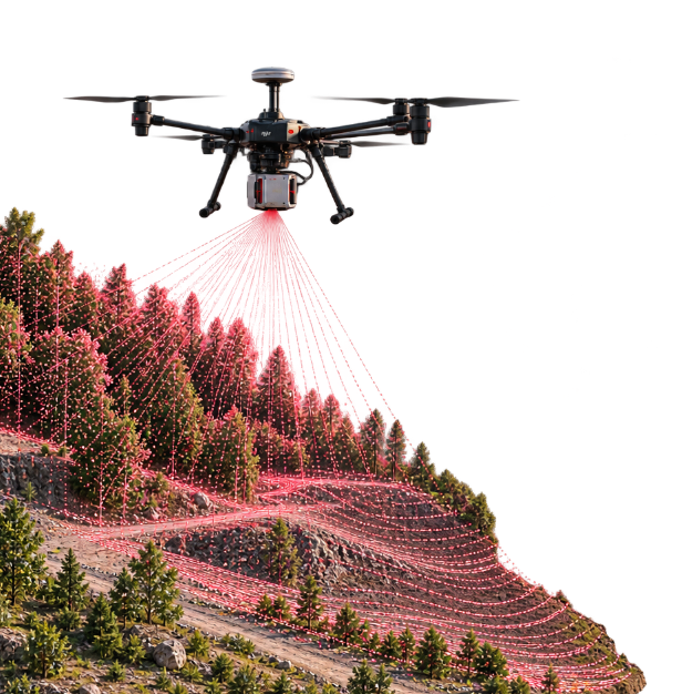 Survey drone emitting LiDAR laser pulses that scan a forested hillside down to bare ground