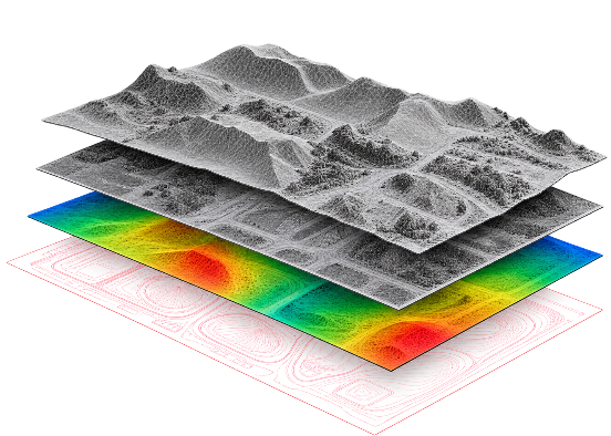 Layered 3D terrain model showing surface mesh, elevation heatmap, and contour lines produced from drone photogrammetry
