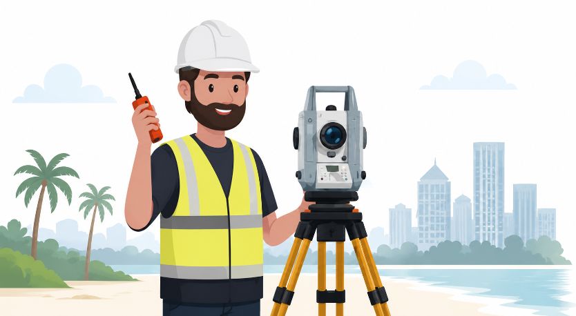 Surveyor with a total station in front of the city skyline