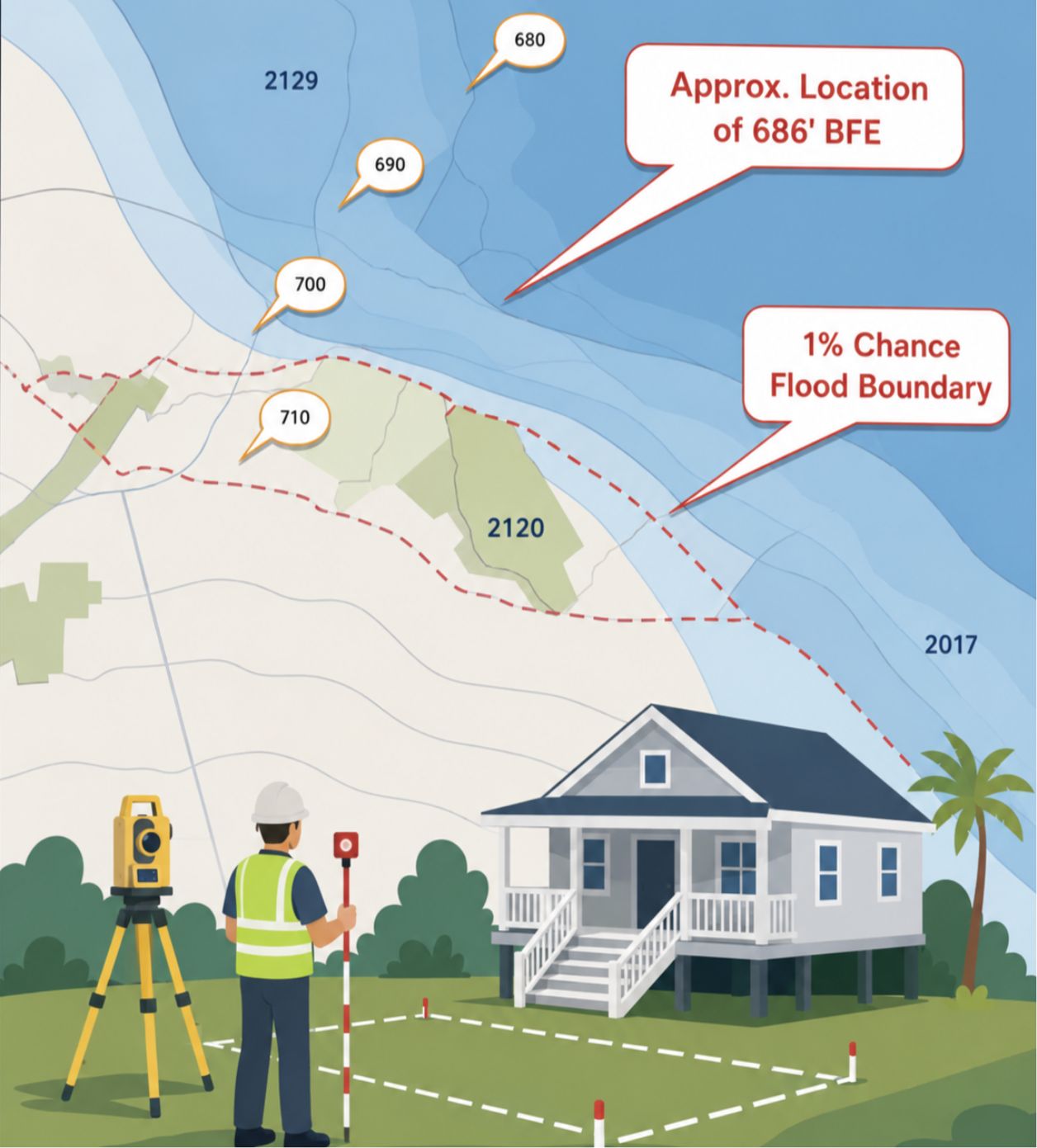FEMA flood map showing base flood elevation callouts beside an elevated home
