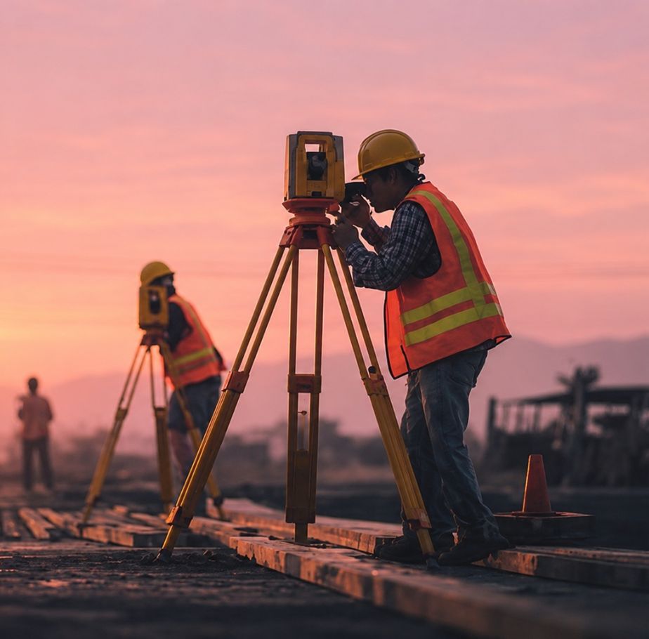 Two surveyors running a total station at dusk