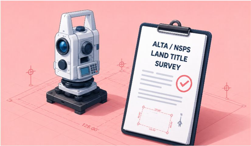Total station beside an ALTA/NSPS land title survey document