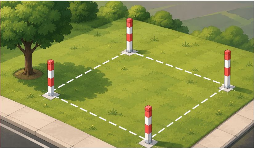 Staked and roped property corners marking a residential boundary