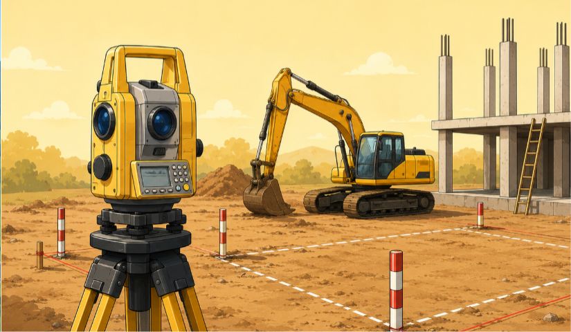Total station and excavator on an active construction site