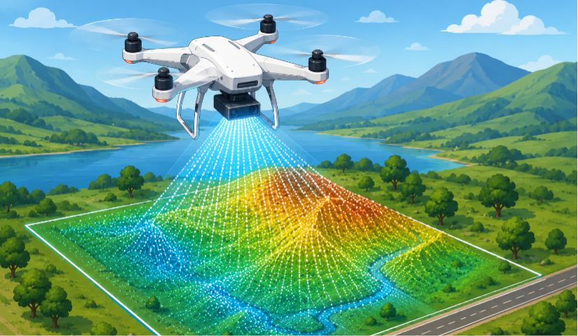 Survey drone capturing a colour-graded LiDAR point cloud over open land