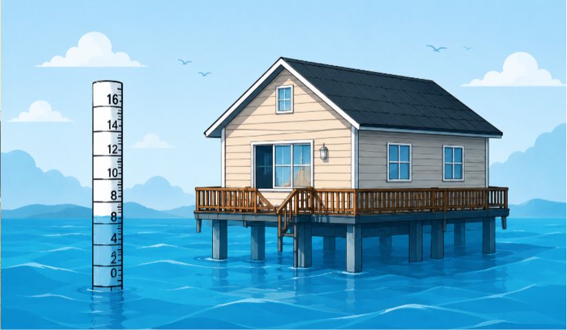 Elevated coastal home beside a flood elevation measuring staff