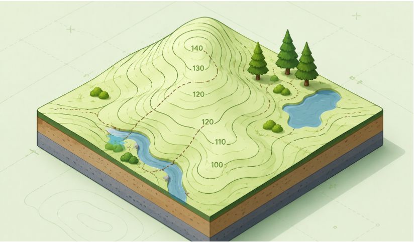 Three-dimensional terrain model showing elevation contours